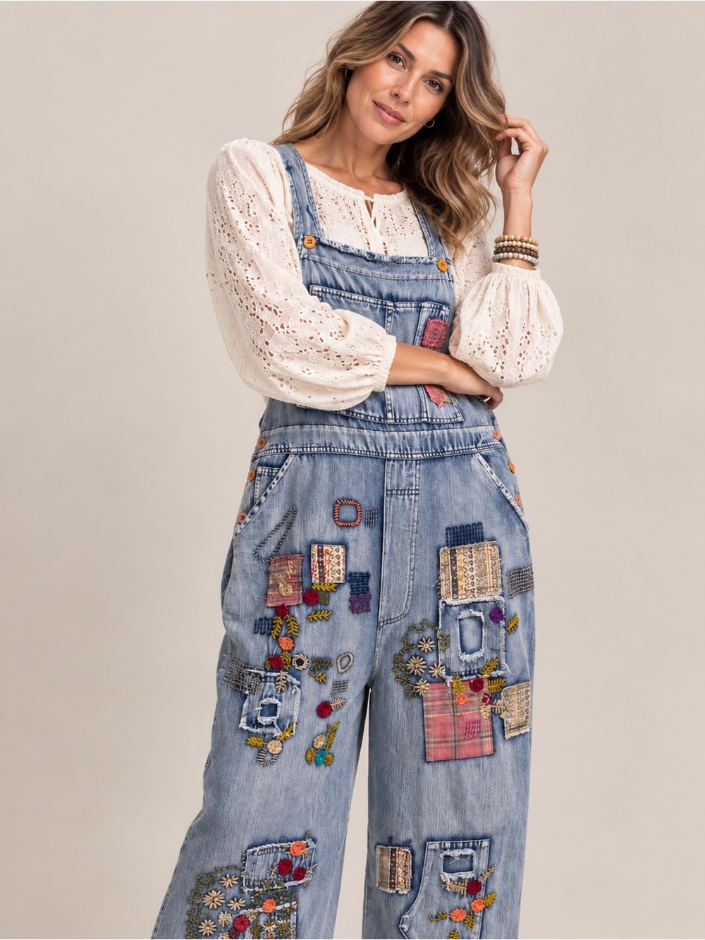 Light Blue Patchwork Denim Women's Overalls
